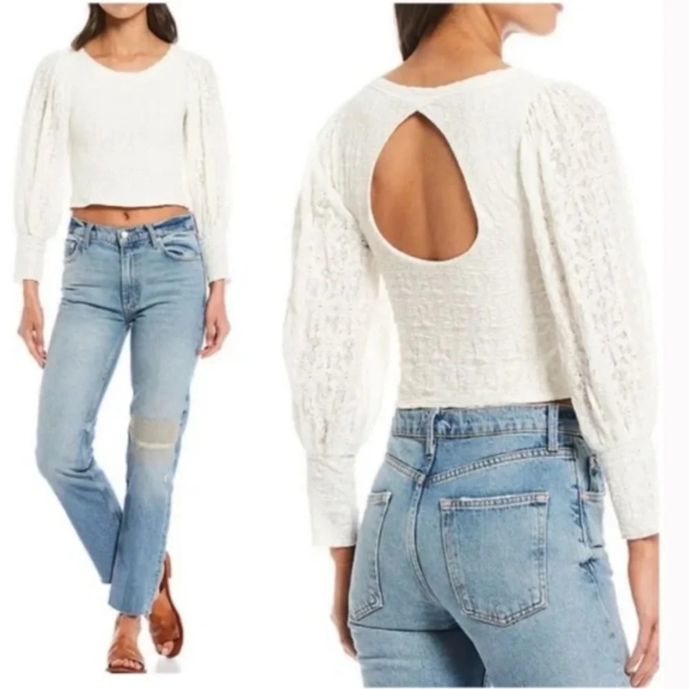 Free People Cream Textured Puff-Sleeve Crop Top